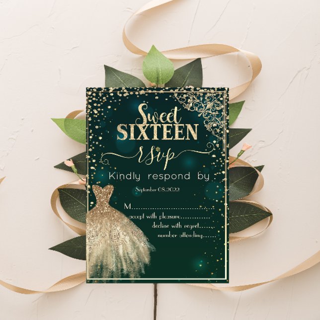 Invitation Robe d'or vert Tiara, Diamonds Sweet 16 RSVP (Créateur téléchargé)