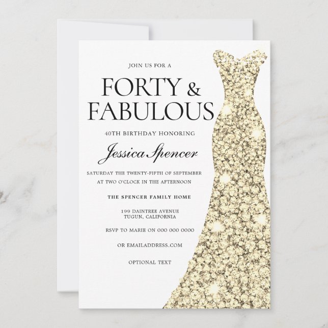 Invitation Robe dorée 40 et fabuleux 40e anniversaire (Devant)