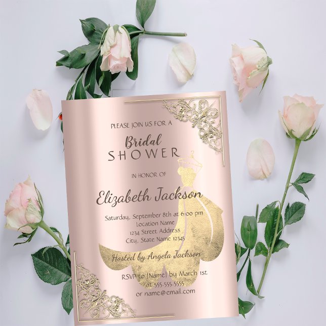 Invitation Robe dorée chic élégante rose dorée pour la douche (Créateur téléchargé)