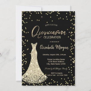 Invitation Robe dorée diamants noir Quinceañera