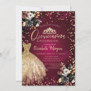 Invitation Robe dorée ,Diamants Roses noires Quinceañera