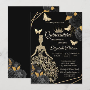Invitation Robe dorée, papillon Roses noires Quinceañera