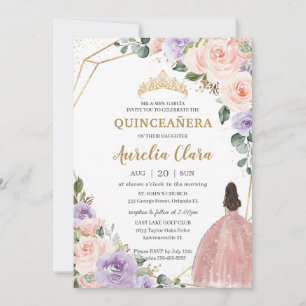 Invitation Robe dorée Rose de Quinceañera violet