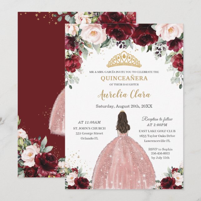 Invitation Robe dorée Rose Florale Quinceañera Bourgogne (Devant / Derrière)