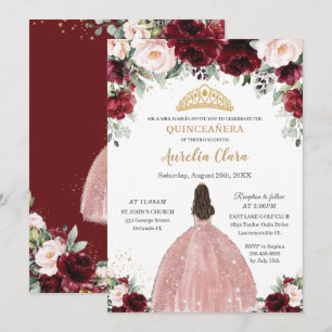 Invitation Robe dorée Rose Florale Quinceañera Bourgogne