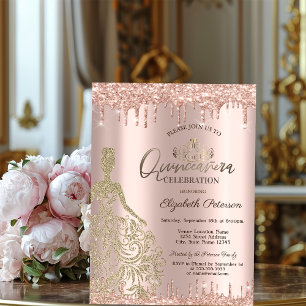 Invitation Robe dorée rose gold paillettes gouttes Quinceañer