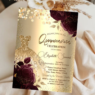 Invitation Robe dorée Roses bordeaux Quinceañera