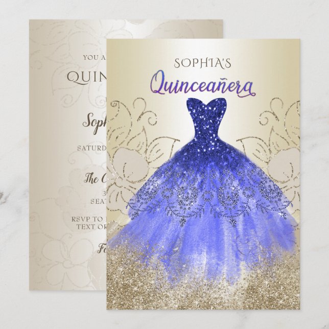 Invitation Robe dorée Royal Bleue Étincelle Quinceañera (Devant / Derrière)
