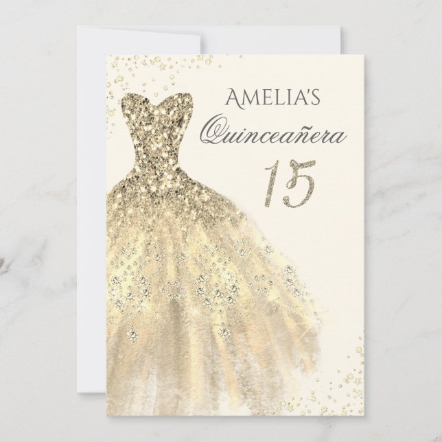 Invitation Robe dorée Sparkle 15e Quinceanera (Devant)