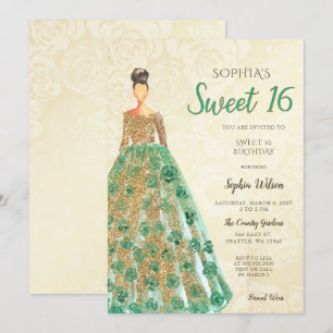 Invitation Robe dorée verte étincelante Douce 16 ans