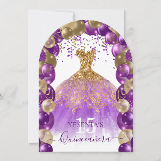 Invitation Robe dorée violet étincelante Quinceañera Arc de b