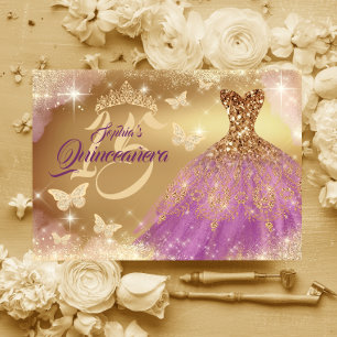 Invitation Robe dorée violette pour Quinceanera scintillante 