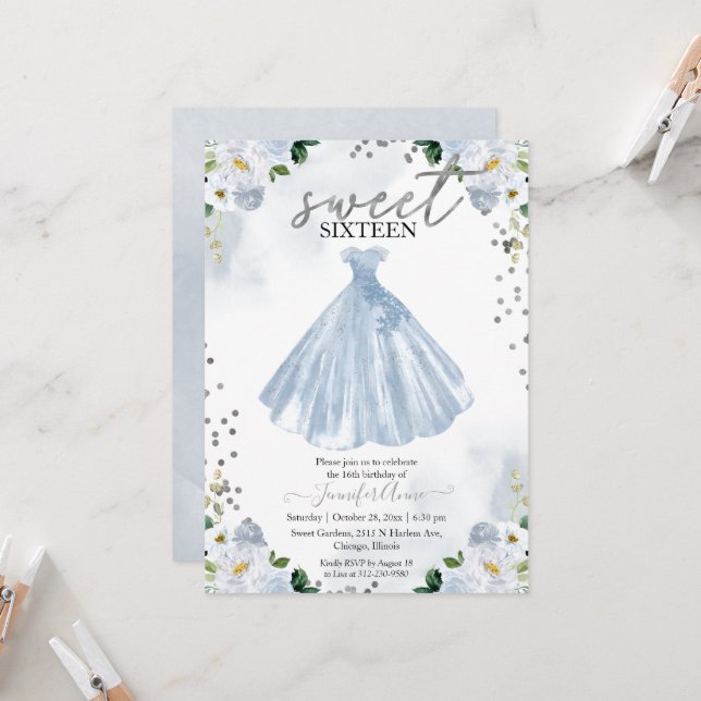 Invitation Robe Douce 16 Aquarelle Bleue Fleurs (Devant/Arrière en situation)