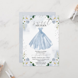 Invitation Robe Douce 16 Aquarelle Bleue Fleurs