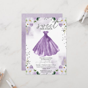 Invitation Robe Douce 16 Purple Aquarelle Fleurs