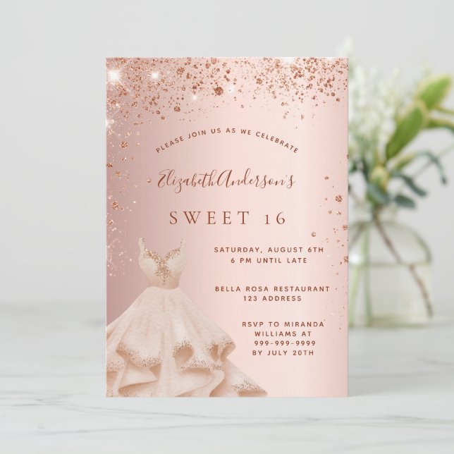 Invitation Robe douce 16 rose or parties scintillant brillant (Debout devant)