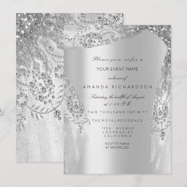 Invitation Robe Douce 16e Fête des mariées Argent Royal Grey (Devant / Derrière)