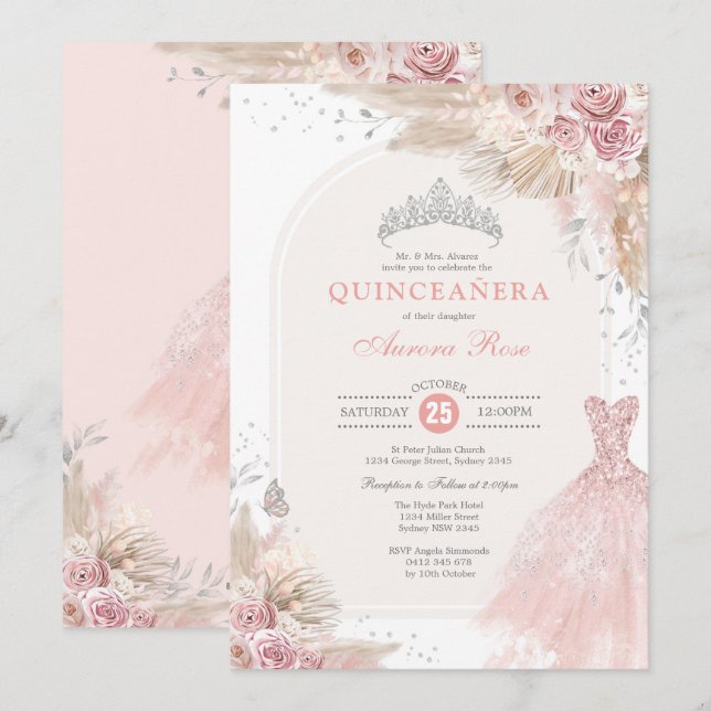 Invitation Robe Dusty Rose Argent Boho Fleur Quinceañera (Devant / Derrière)
