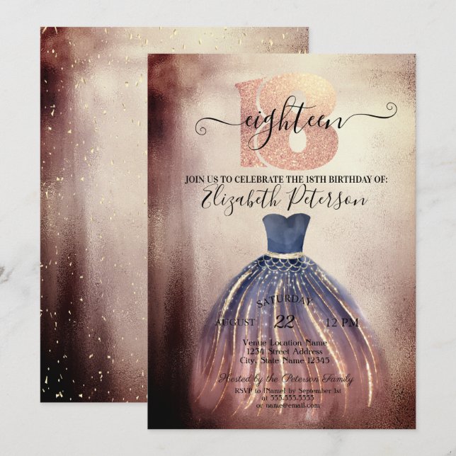 Invitation Robe élégante chic 18e fête d'anniversaire (Devant / Derrière)