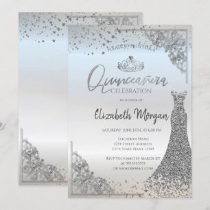 Invitation Robe élégante Couronne argentée Étoiles Quinceañer