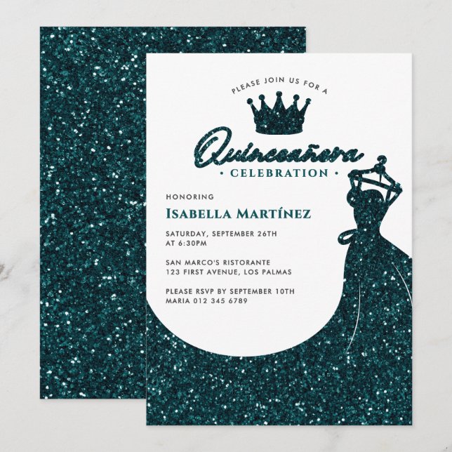 Invitation Robe élégante & Couronne Quinceañera fête d'annive (Devant / Derrière)