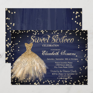 Invitation Robe élégante dorée diamants bleu marine Sweet 16