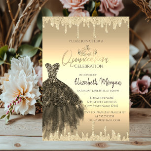 Invitation Robe Élégante, Gouttes de Paillettes Dorées Quince