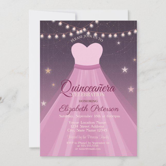 Invitation Robe Élégante, Lumières À Cordes Quinceañera (Devant)
