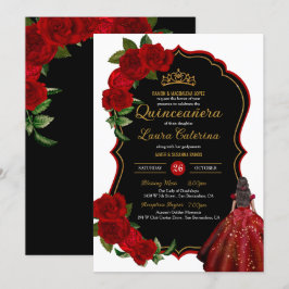 Invitation Robe élégante Quinceanera Roses rouges Noir et Or