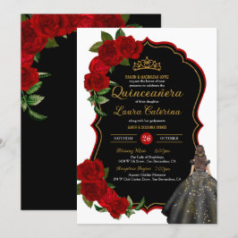 Invitation Robe élégante Quinceanera Roses rouges Noir et Or