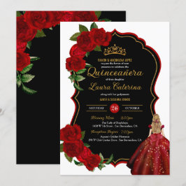 Invitation Robe élégante Quinceanera Roses rouges Noir et Or