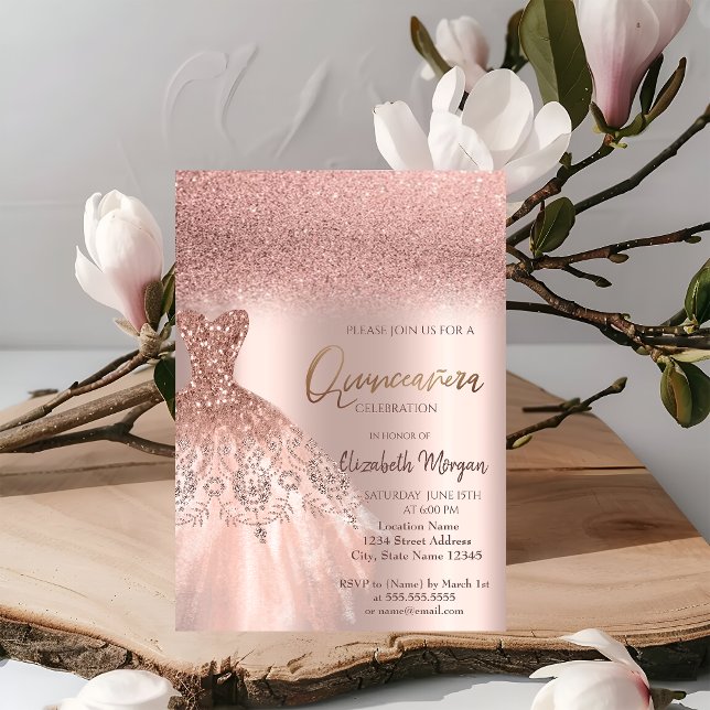 Invitation Robe élégante Rose Parties scintillant or Quinceañ (Créateur téléchargé)