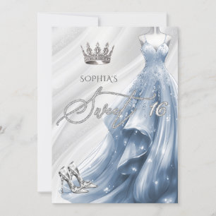 Invitation Robe élégante Silver Dusty Blue Sparkle Sweet 16