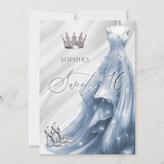 Invitation Robe élégante Silver Dusty Blue Sparkle Sweet 16 (Devant)