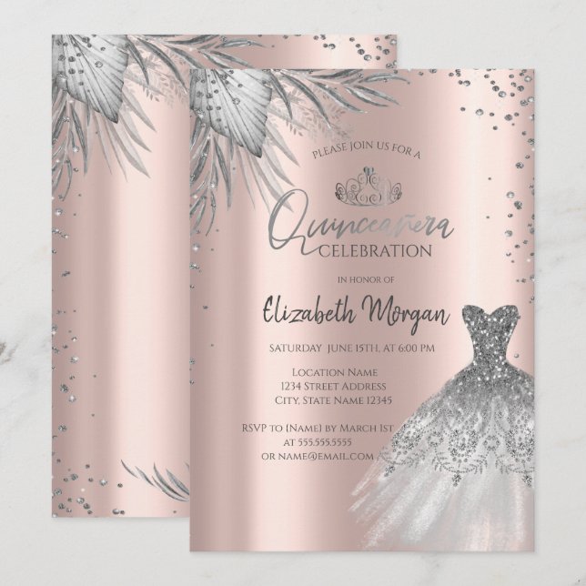 Invitation Robe en argent, Pampas Fleurs Rose or Quinceañera (Devant / Derrière)