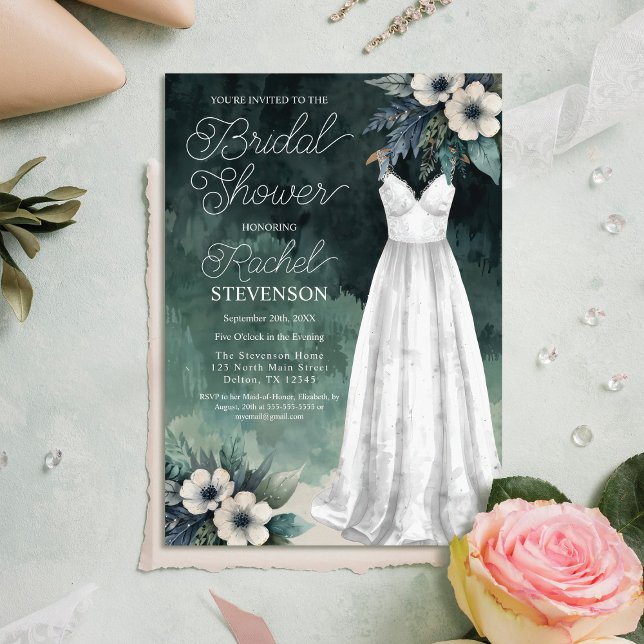 Invitation Robe et Fête des mariées Fleurs Aquarelles élégant (Créateur téléchargé)