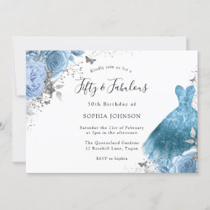 Invitation Robe et fleurs bleu Aqua 50e anniversaire