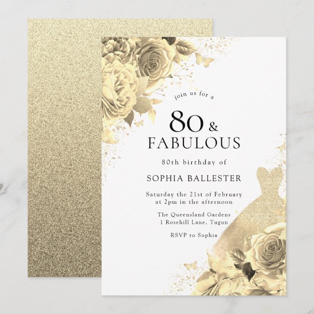 Invitation Robe et Fleurs d'or 80e anniversaire des femmes (Devant / Derrière)