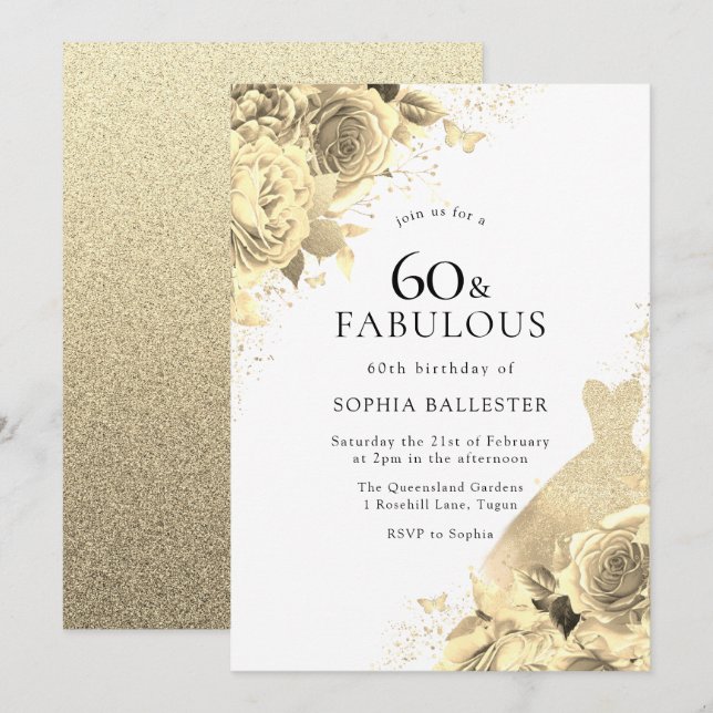 Invitation Robe et Fleurs d'or Flammes 60e anniversaire (Devant / Derrière)