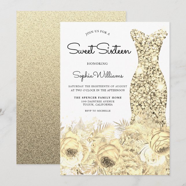 Invitation Robe et fleurs dorées Douce 16 Partie (Devant / Derrière)