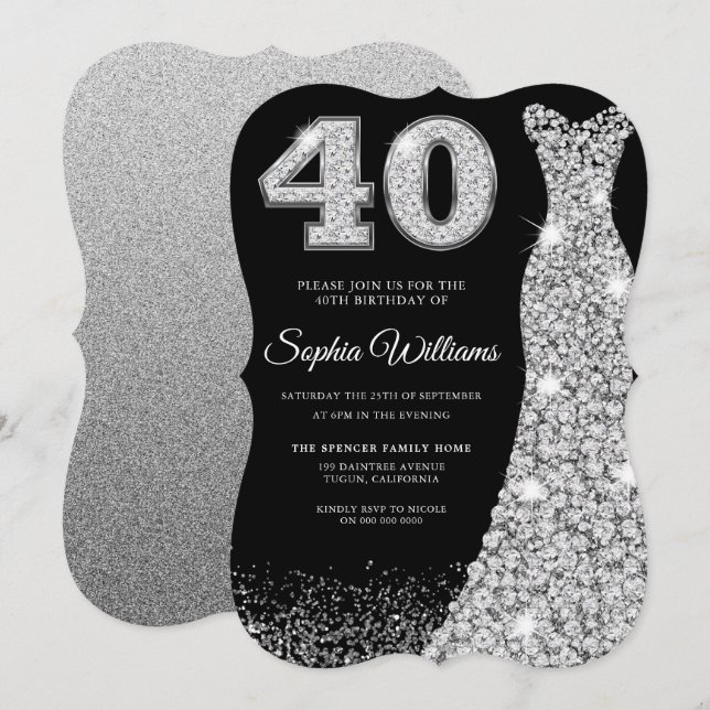 Invitation Robe étincelante de diamant 40e fête d'anniversair (Devant / Derrière)