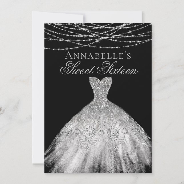 Invitation Robe étincelante Diamant Noir & Argent Douce 16 (Devant)