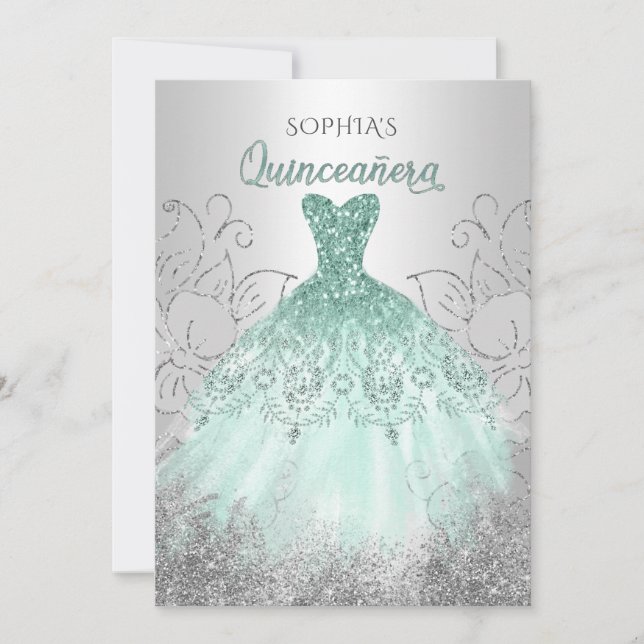 Invitation Robe étincelante en argent Aqua Quinceañera Quince (Devant)