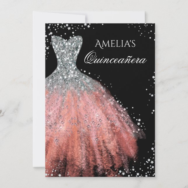 Invitation Robe étincelante Silver rose Quinceanera Invitatio (Devant)