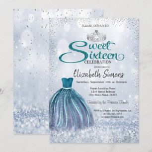 Invitation Robe étincelante, Tiara Princess Bokeh Sweet 16
