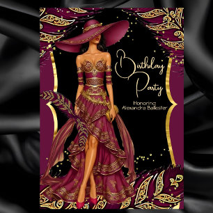 Invitation Robe exotique burgundy à plumes dorées pour fête d