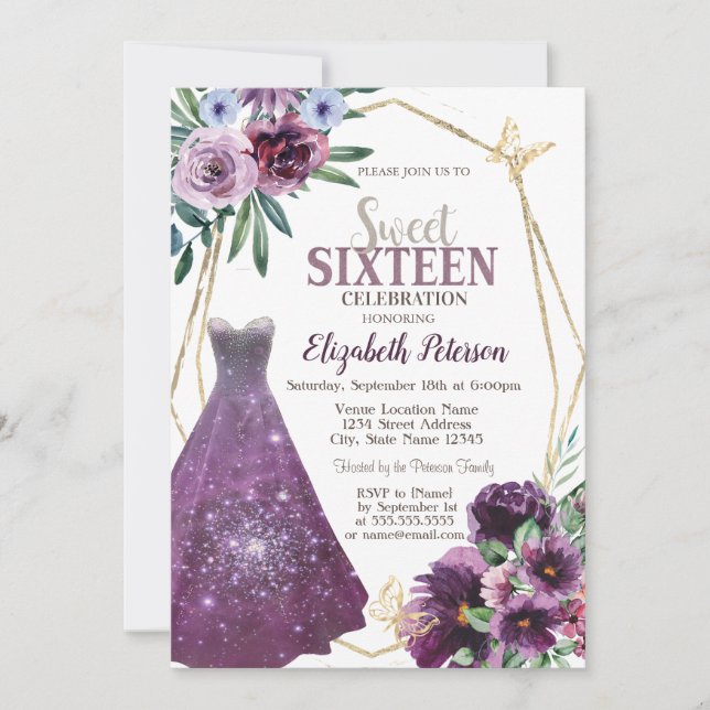 Invitation Robe Fille, Fleurs Violet Papillon Sweet 16 (Devant)