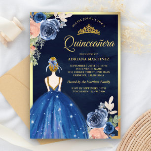 Invitation Robe Fleurie Bleu Royal Or Marine Quinceanera