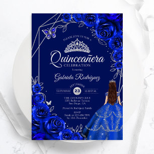 Invitation Robe Fleurie Quinceanera Bleu Royal Argent
