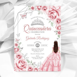 Invitation Robe Fleurie Rose Argent pour Quinceanera